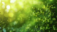 Molecular structure floating in green bokeh background with glowing particles and depth of field effect creates scientific atmosphere.