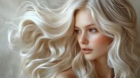 Young Caucasian woman with flowing platinum blonde wavy hair against light background, natural makeup, and serene expression showcasing beauty and hair styling.