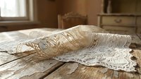 Vintage lace doily with intricate crochet patterns on rustic wooden table in cozy home interior setting for traditional crafts and nostalgic decor themes.