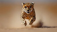 African cheetah running at high speed across desert terrain, kicking up sand and dust while sprinting forward with intense focused expression and spotted coat.