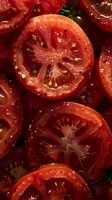 Fresh sliced red tomatoes with visible seeds and internal structure, macro photography showing juicy texture and natural patterns in vibrant detail.