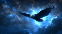 Majestic black eagle soaring through mystical night sky with glowing blue nebula and stars, wings spread wide against cosmic background. Fantasy art for book covers.