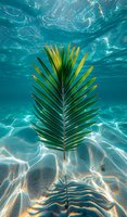 Vibrant green palm leaf floating underwater with sunlight creating rippling patterns on sandy bottom through crystal clear turquoise water. Tropical summer concept.