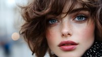 Close-up portrait of young woman with blue eyes, freckles, and short wavy brown hair wearing winter scarf, soft bokeh background.