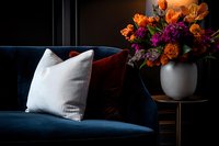 Moody interior with navy velvet sofa, white cushion and vibrant autumn floral arrangement in white vase, dramatic lighting creates cozy atmosphere.