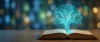 Glowing digital tree emerging from open book pages against blurred tech background, representing knowledge, learning, artificial intelligence, and innovation for educational and technology concepts.
