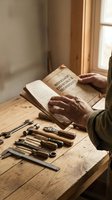 Craftsman hands holding a workshop essentials book over a wooden workbench with vintage hand tools, warm natural light from window.