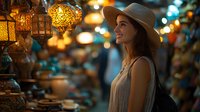 Young Caucasian woman in hat exploring evening market with glowing oriental lanterns, smiling while shopping at traditional bazaar with decorative lights.