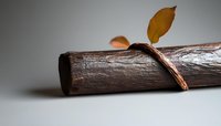 Natural wooden log with autumn brown leaf on gray background, minimalist nature composition showing organic textures and simple beauty.