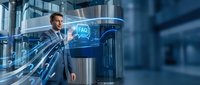 Professional businessman interacting with holographic FAQ interface in modern corporate building lobby with futuristic digital technology display.