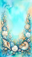 Watercolor ocean frame with seashells, starfish, coral and marine plants on turquoise background for summer designs and coastal themed projects.