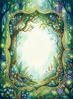 Enchanted forest frame with golden ornate border, magical woodland scene with glowing lights, ferns and flowers creating mystical fairy tale atmosphere.