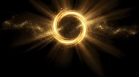 Golden energy ring with radiant light beams and sparkling particles on dark background for cosmic designs and futuristic technology concepts.