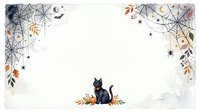 Halloween black cat sitting among autumn leaves, spider webs, moons and stars on isolated white background for seasonal designs and decorations.