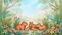 Adorable capybara family relaxing together in lush tropical paradise with colorful flowers and palm trees creating peaceful nature scene for children's content.