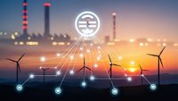Smart grid technology connecting renewable wind energy turbines with industrial power plant at sunset for sustainable electricity distribution.