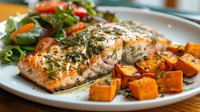 Grilled salmon fillet with fresh herbs, roasted sweet potato cubes and mixed green salad on white plate, close up view of healthy dinner serving.