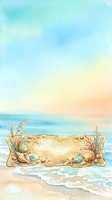 Watercolor coastal scene with sandy beach banner decorated with seashells, starfish, and ocean plants, surrounded by turquoise waves and soft sunset sky.