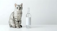 Silver tabby cat sitting beside a clear glass bottle with blank white label on white background, isolated for mockup and design use.