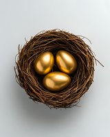 Three golden eggs nestled in brown twigs nest on light background, symbolizing wealth, investment and financial security. Isolated object for business concepts.