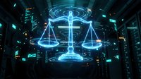Futuristic holographic justice scales glowing in blue light within high-tech server room environment for legal technology and digital law concepts.