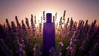 Purple cosmetic bottle surrounded by blooming lavender flowers at golden hour sunset creating natural spa and aromatherapy atmosphere for wellness products.