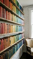 Colorful vintage books arranged by color on wooden shelves in cozy home library with white brick wall and natural window light for reading space design.