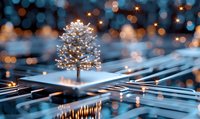 Glowing miniature tree on reflective digital surface with bokeh lights creating magical winter atmosphere. Modern technology meets nature concept.