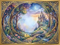 Enchanted fantasy landscape with castle, winding path through magical forest, ornate golden frame border, fairytale scene with mystical trees and crescent moon.