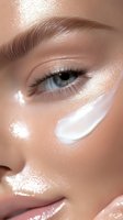 Close-up of a woman's face showing dewy, glowing skin with white moisturizer streak on cheek, perfectly groomed eyebrow, and natural makeup look for beauty and skincare.