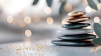 Zen spa stones stacked in balance with soft bokeh lights and eucalyptus leaves creating peaceful meditation atmosphere for wellness and relaxation.