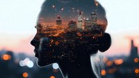 Female silhouette double exposure with night city skyline and glowing lights. Urban portrait photography concept blending human form with metropolitan landscape.