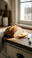 Freshly baked artisan bread loaf with golden crust sliced on wooden cutting board near bright window, rustic kitchen setting with wine bottles.
