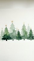 Watercolor Christmas trees with golden stars in green shades on textured paper background for holiday greeting cards and seasonal decorations.
