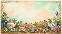 Vintage tea party arrangement with ornate teacups, floral bouquets, and botanical elements in watercolor style, ideal for stationery and greeting card designs.
