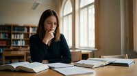 Young woman student studying at library table with books and laptop, concentrated learning in academic environment for education research.