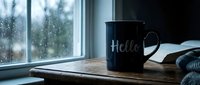 Dark navy mug with Hello lettering on wooden table by rainy window, open book and cozy knit beside it, moody hygge atmosphere.