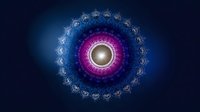 Glowing mandala with intricate lace-like patterns in blue and purple hues radiating from central golden light on dark background, creating mystical spiritual effect.