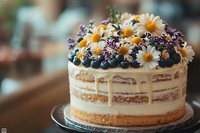 Rustic naked cake decorated with fresh daisies, blueberries and purple flowers on dark wooden table. White drip frosting creates elegant effect. For wedding or celebration.
