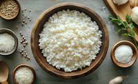 Cooked white rice in wooden bowl surrounded by ingredients and spices for cooking Asian cuisine on rustic table.