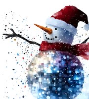 Festive snowman with Santa hat and red scarf made of sparkling disco ball, watercolor splatter effect against white background. Winter holiday art for cards and decor.