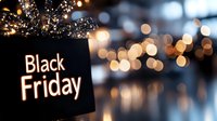 Glowing Black Friday text on dark background with festive bokeh lights and sparkles creating magical shopping atmosphere for seasonal sales promotion.