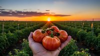 Fresh ripe tomatoes held in hands at sunset over agricultural field. Organic farming harvest concept with golden hour lighting and crop rows background.