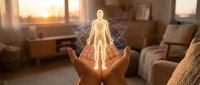 Young adult male hands cradling glowing human figure silhouette in warm home interior at sunset, symbolizing wellness, healing, protection, and spiritual energy for healthcare and wellness concepts.
