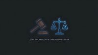Legal technology and cybersecurity law concept with gavel and scales of justice icons on dark background for legal services and digital law firms.