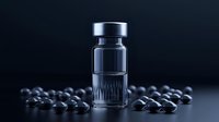 Medical vial with scattered pills on dark background, dramatic lighting creates mysterious pharmaceutical atmosphere for healthcare and medicine concepts.