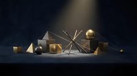 Geometric gold and bronze metallic shapes arranged in abstract composition with spheres and angular forms on dark surface for luxury design projects.