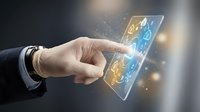 Businessman hand touching futuristic holographic interface with glowing digital icons and light effects on dark background for technology concepts.