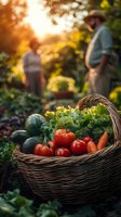 Fresh organic vegetables in wicker basket with farmers working in sunny garden background. Harvest season concept for healthy eating and sustainable agriculture.