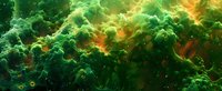 Ethereal green and orange cosmic nebula with swirling gas clouds and stellar formations against dark space background creates mystical celestial atmosphere.